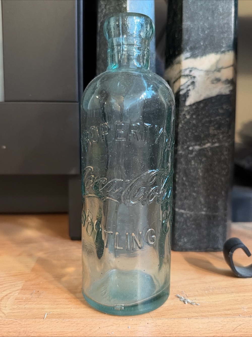Coca Cola Aqua-Blue Embossed Glass Bottle - Decorative Drinkware Accent